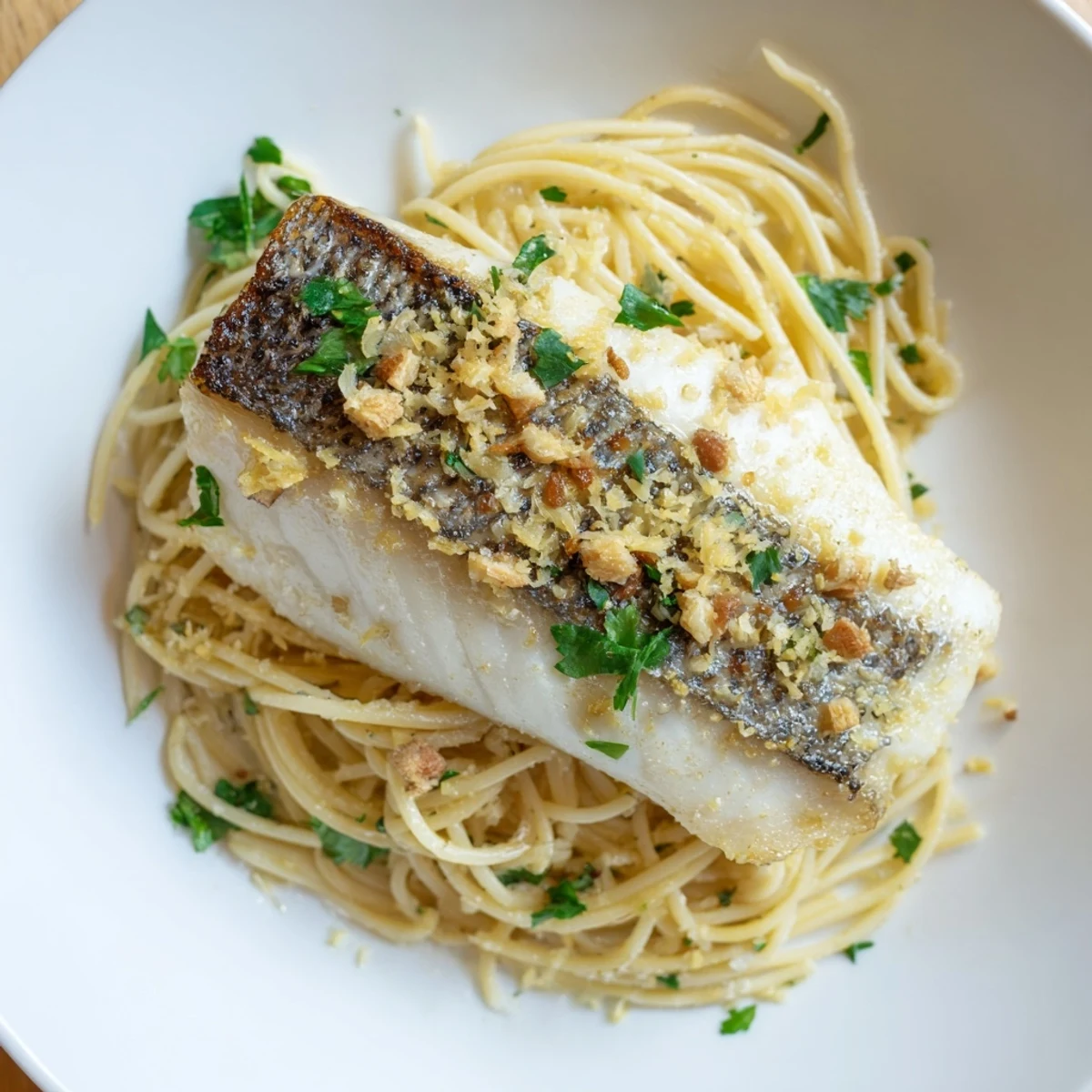 Delectable Lemon Bass Pasta: This dish has a vibrant lemon-butter sauce and flaky white fish, ready to serve.