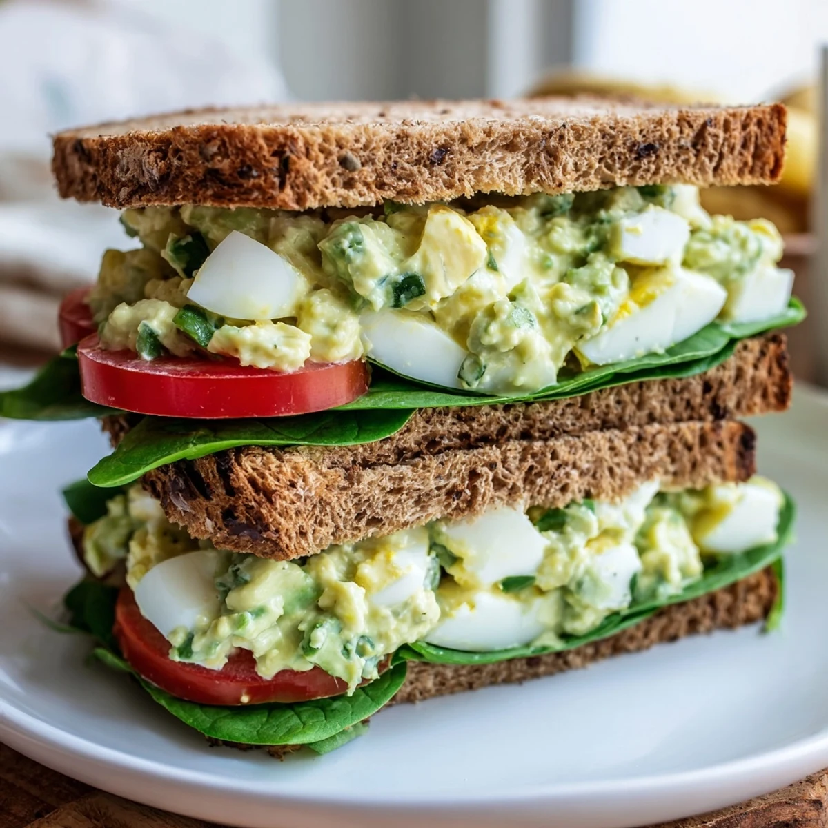 Creamy avocado egg salad sandwich piled onto toasted whole wheat bread, ready to eat.