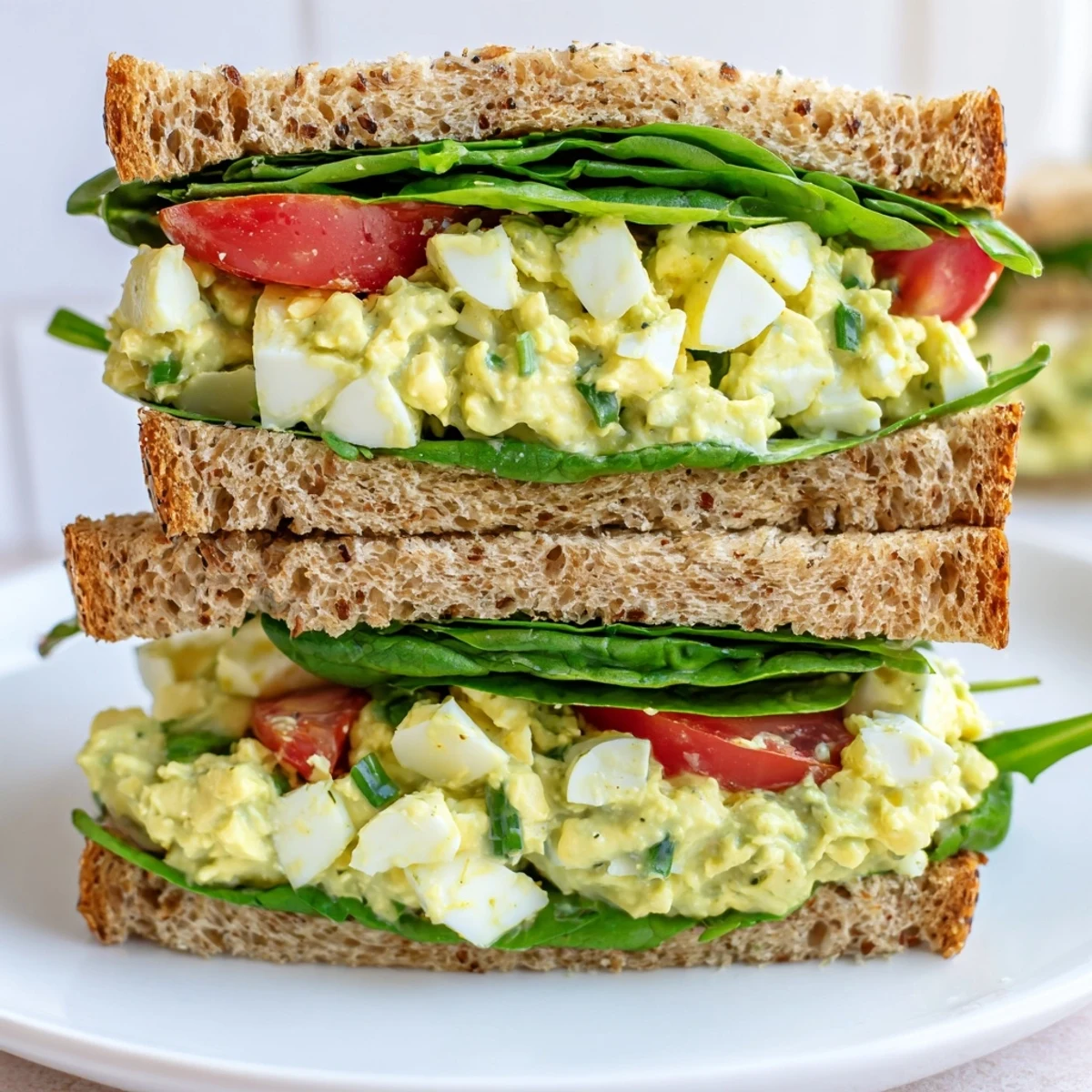 Perfect picnic-style avocado egg salad sandwich, layered with spinach and ready to be enjoyed.