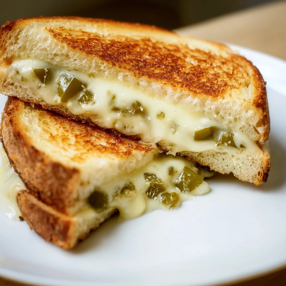 Golden brown jalapeño pepper jack grilled cheese, oozing with melted cheese and spicy peppers.