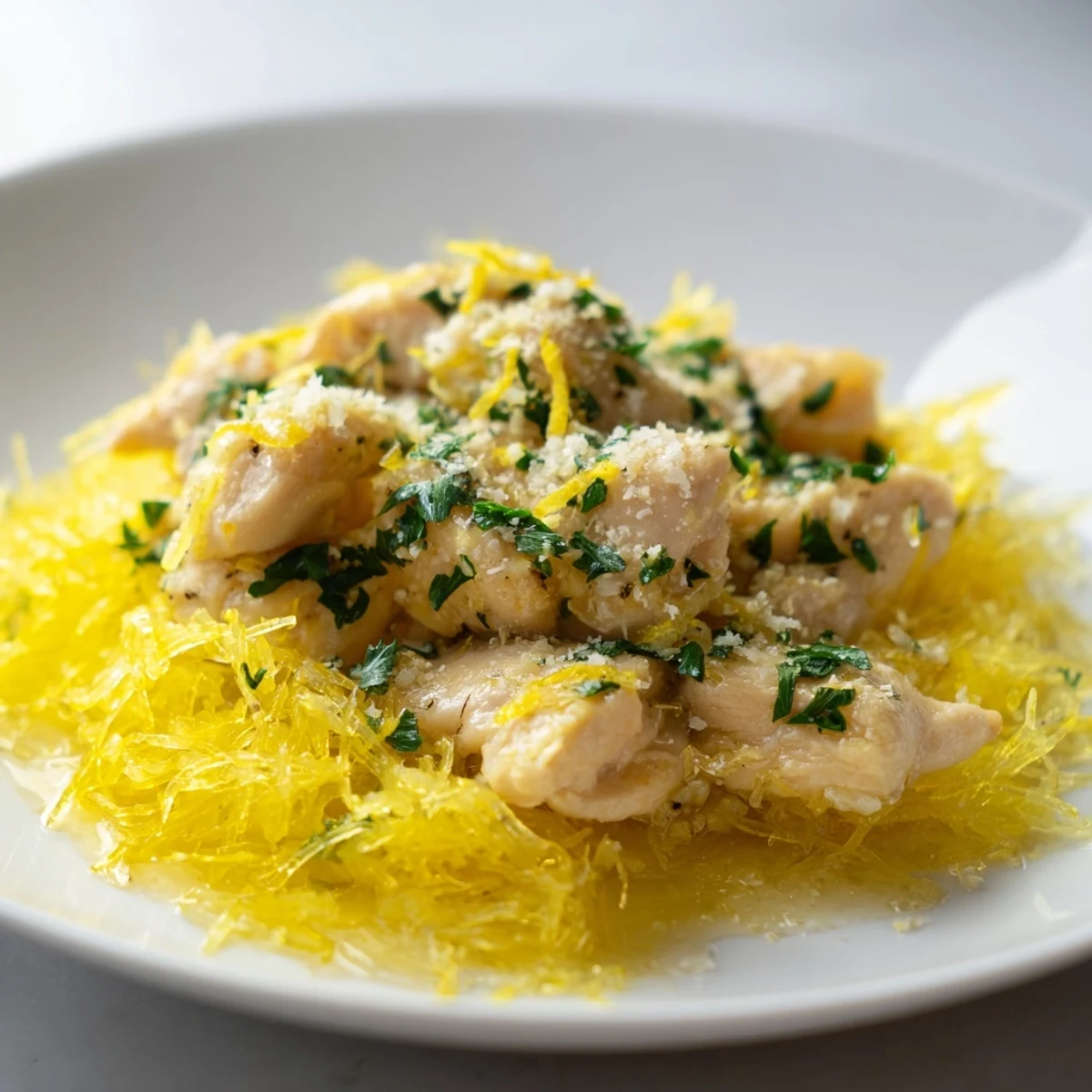 Flavorful lemon garlic chicken spaghetti squash with Parmesan, offering a delightful blend of fresh, savory flavors.