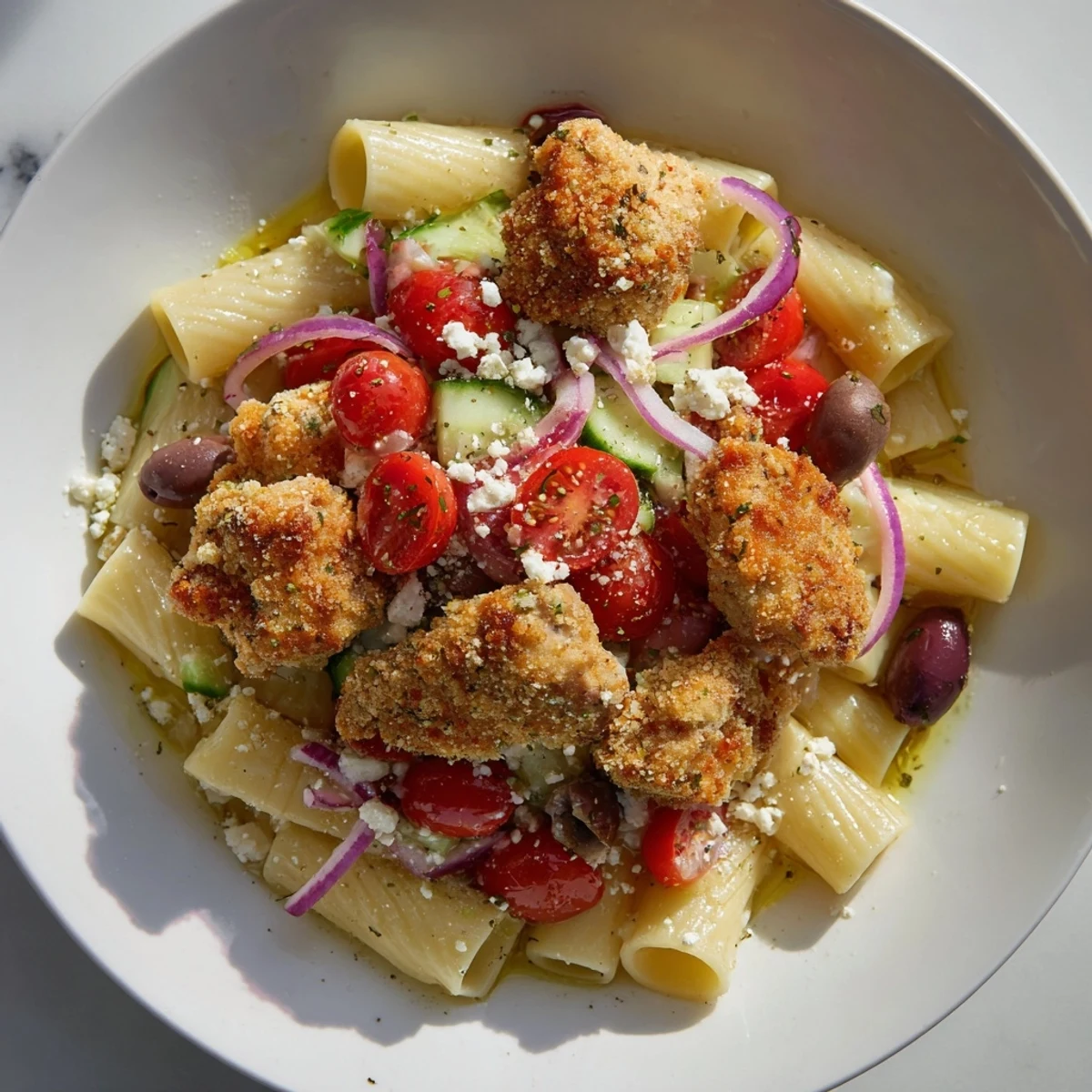 Golden Crispy Chicken Greek Pasta with fresh vegetables and crumbled feta, a flavorful meal.