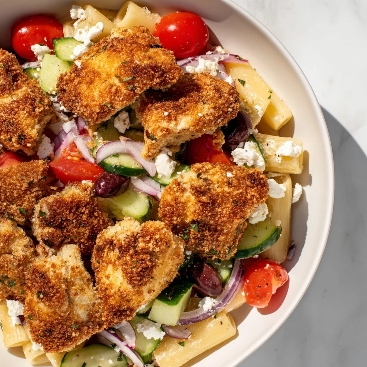 Imagine a bowl of zesty Crispy Chicken Greek Pasta featuring golden chicken, pasta, and fresh salad.