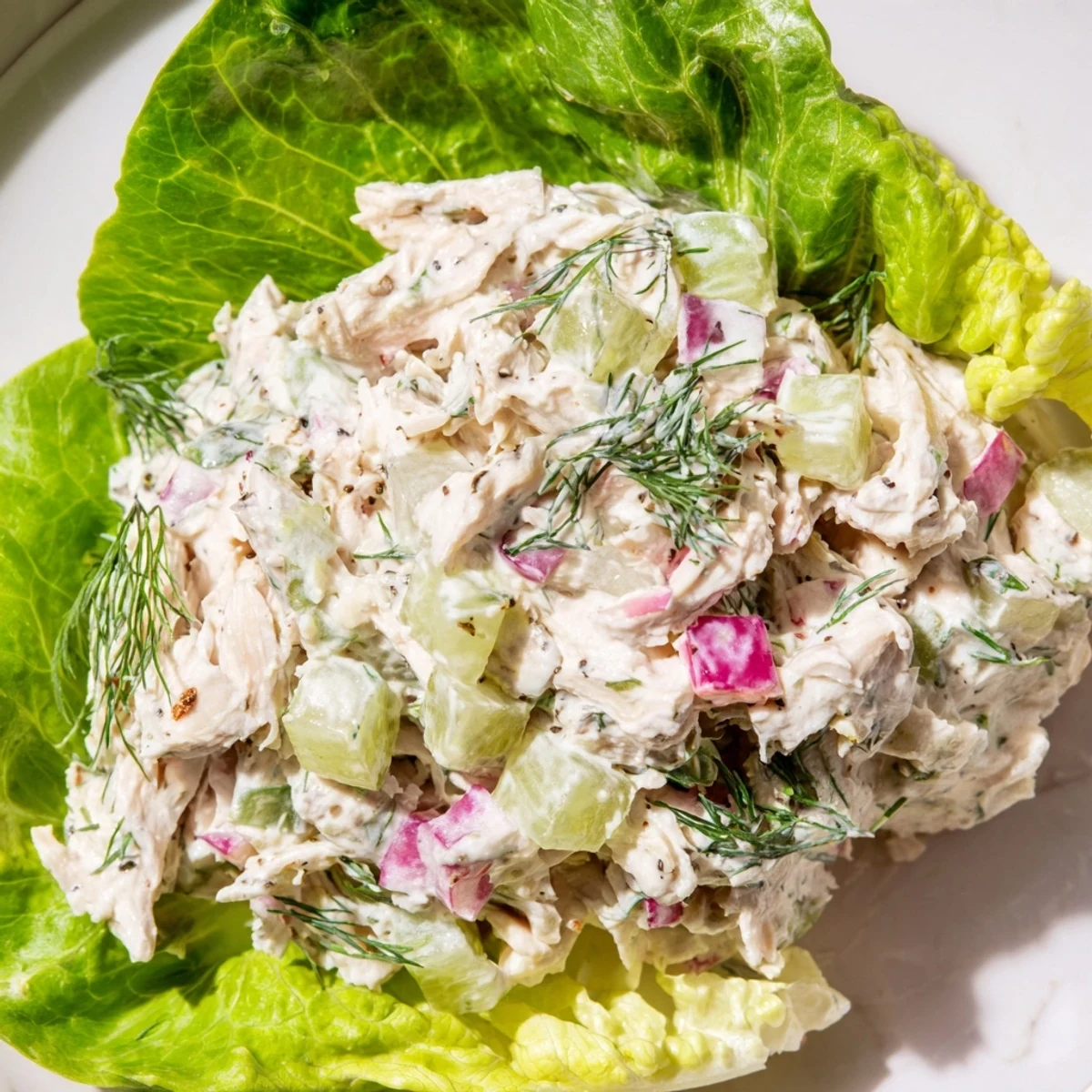 Creamy Dill Pickle Chicken Salad piled high in cool lettuce cups for a light lunch.
