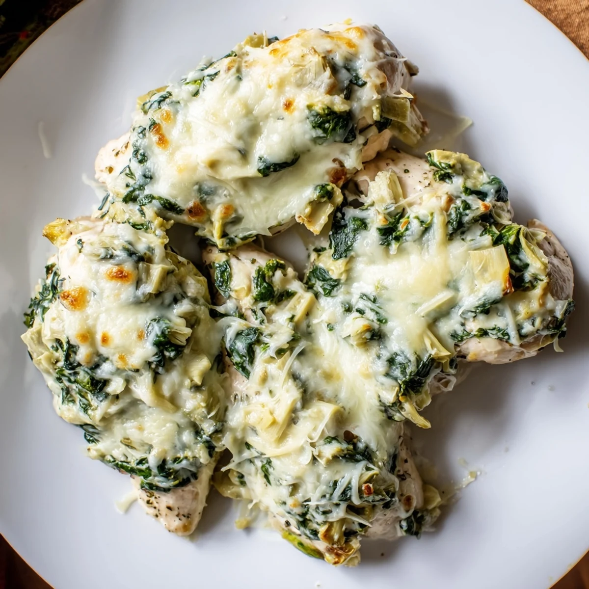 A close-up of a cheesy Spinach and Artichoke Chicken Bake—a comforting, delicious weeknight meal.