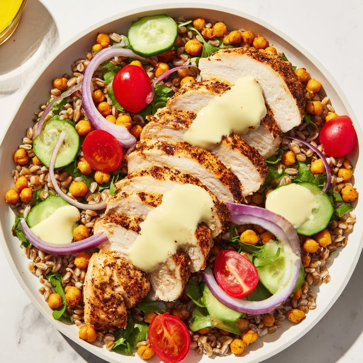Tender Lemon Tahini Chicken Power Bowls, featuring sliced chicken, vibrant veggies, and creamy tahini drizzle.