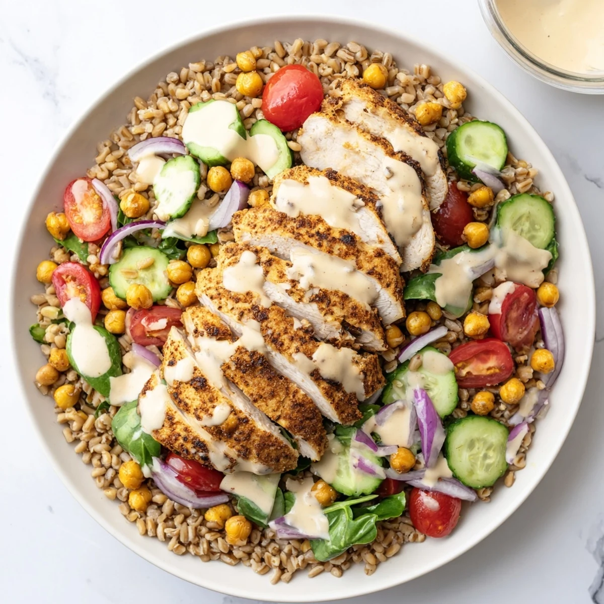 A colorful photo showing a healthy Lemon Tahini Chicken Power Bowl overflowing with fresh ingredients and flavors.