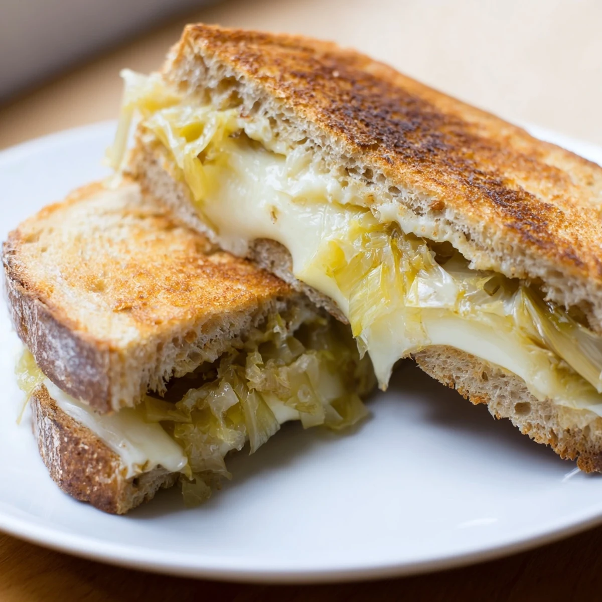 Golden, gooey Havarti & caramelized leek grilled cheese, a comforting, melty sandwich with buttery crust.