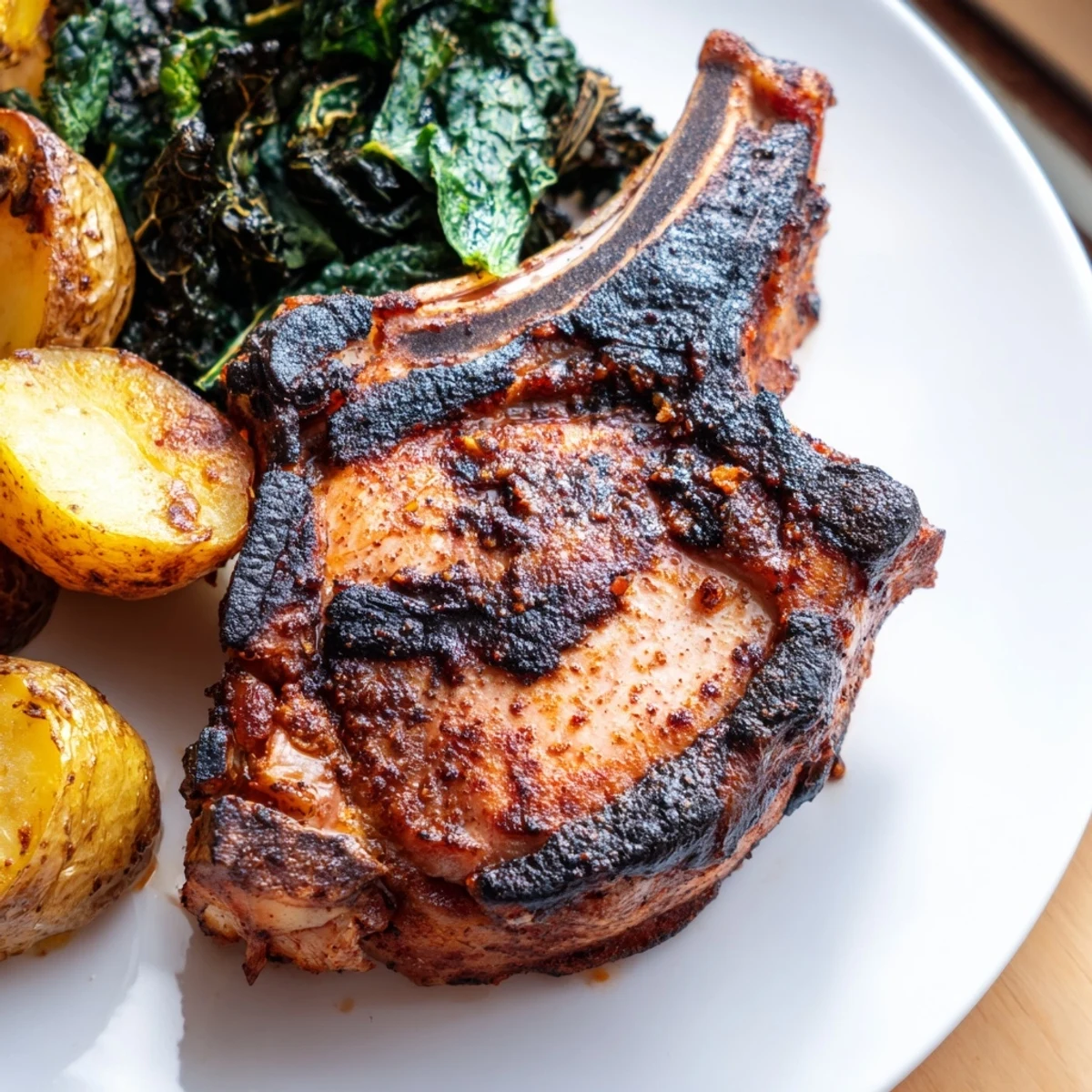 Golden roasted Aleppo Pork Chops with crispy potatoes and sautéed kale on a baking sheet.