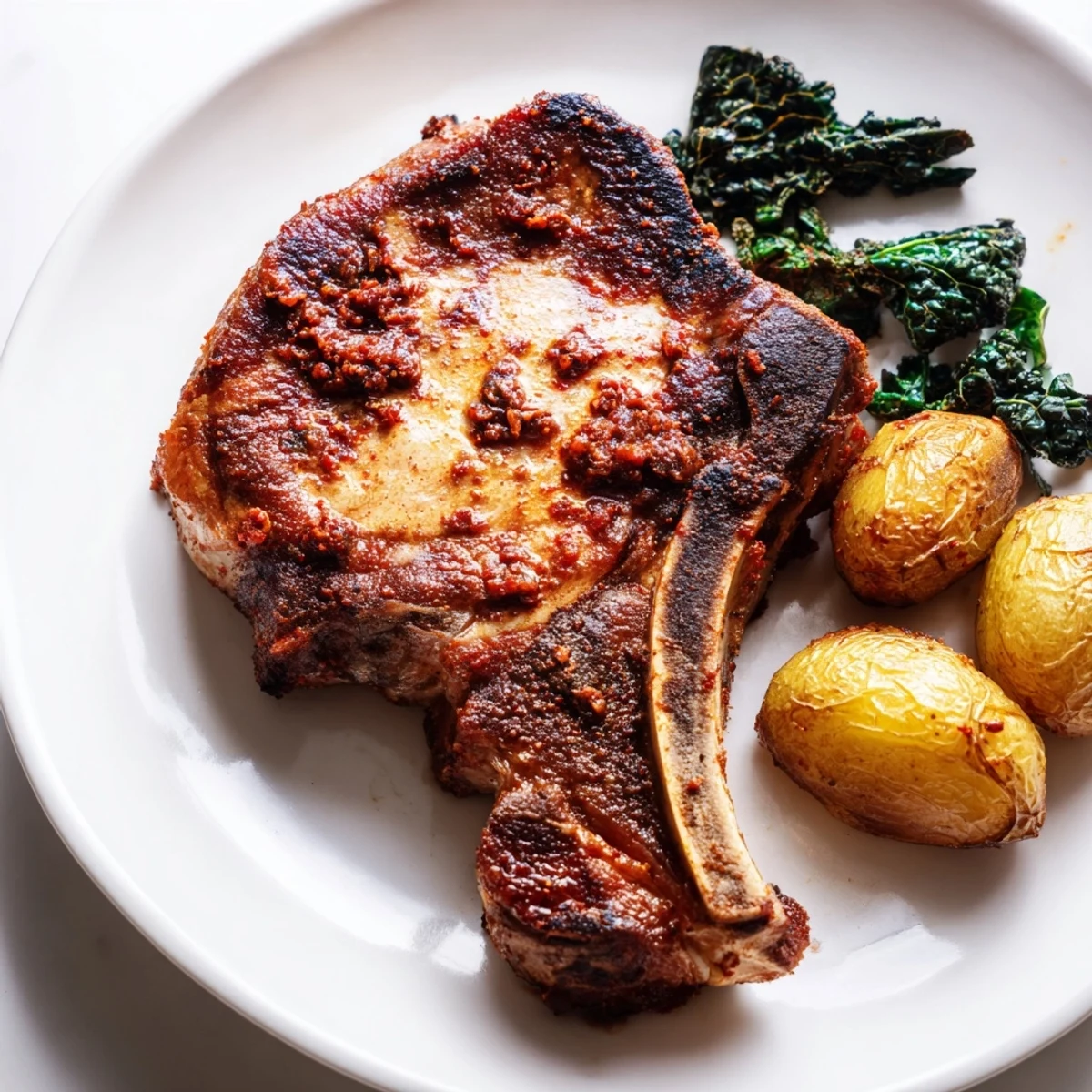 Juicy Aleppo Pork Chops served alongside tender greens and buttery potatoes, ready to eat.