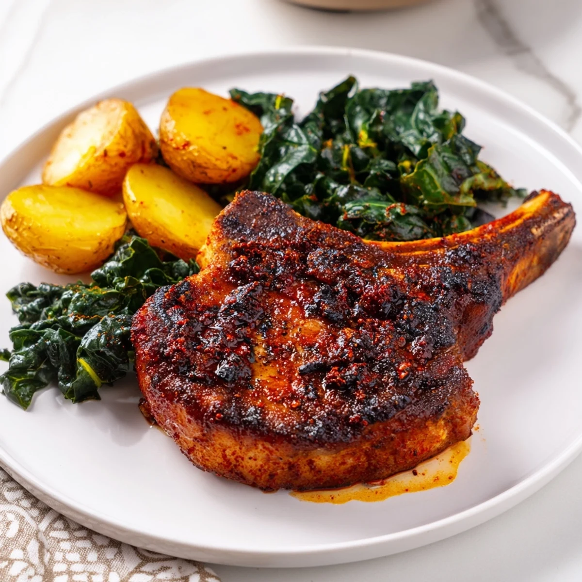 A vibrant plate of Aleppo Pork Chops, roasted baby potatoes, and wilted greens with lemon.