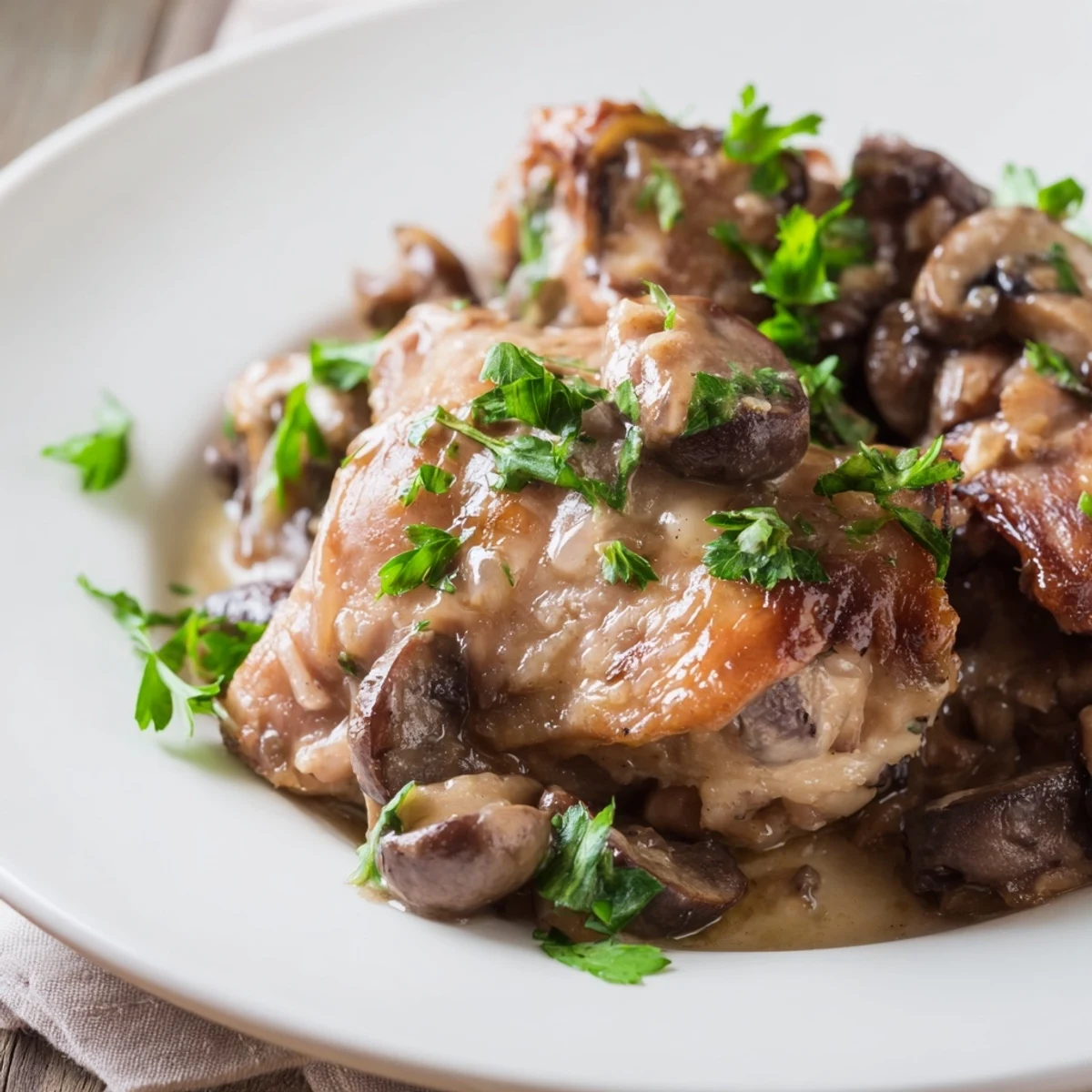 Golden-brown chicken thighs simmered in a vibrant rosé wine sauce with mushrooms and cream.  