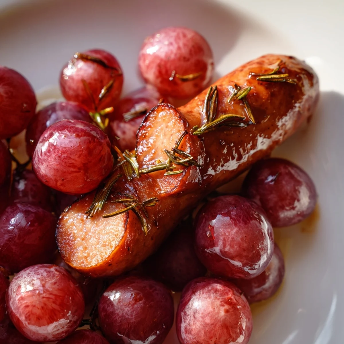 Golden-brown Italian sausages roasted with sweet grapes and onions, perfect for a gluten-free weeknight dinner.