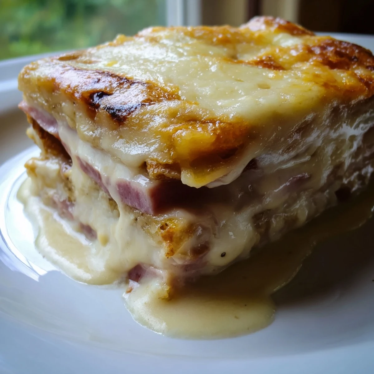 Golden, puffed Croque Monsieur Casserole fresh from the oven with bubbly Gruyère cheese.
