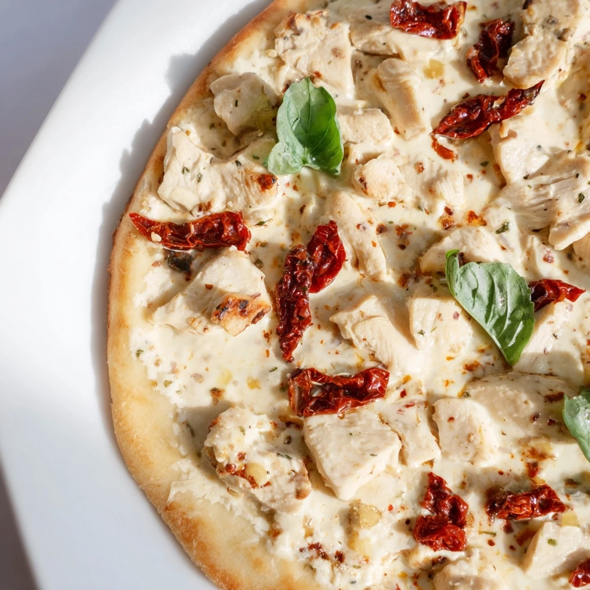 Marry Me Chicken Pizza features creamy herb chicken and sun-dried tomatoes on a golden, crispy crust.  