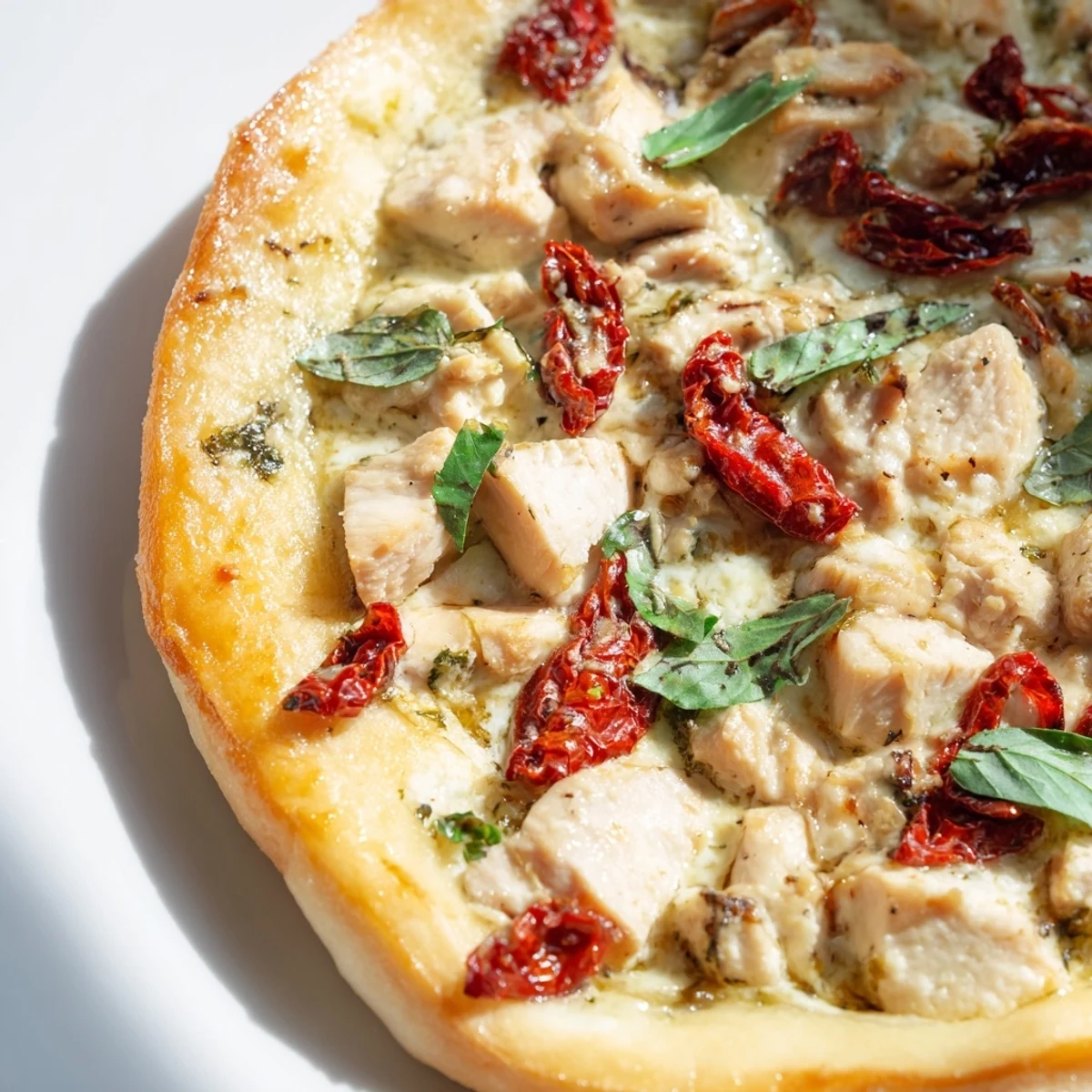 Slices of Marry Me Chicken Pizza are topped with fresh basil, ready to serve with a glass of Pinot Grigio.  