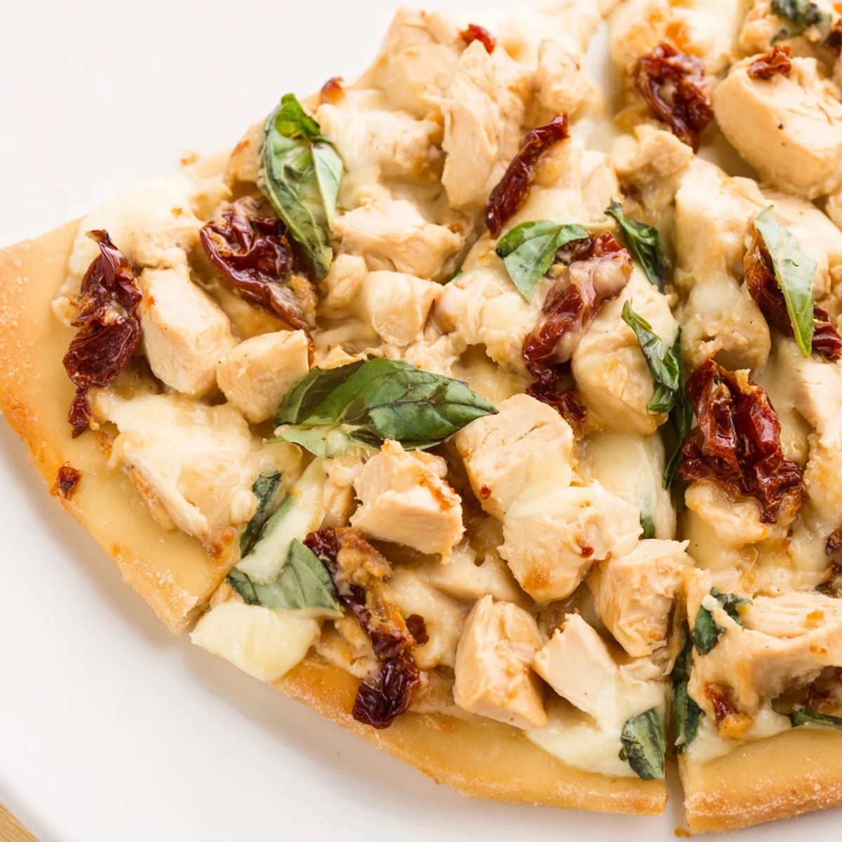 A bubbling Marry Me Chicken Pizza fresh from the oven, showcasing its rich Parmesan and mozzarella cheese blend.