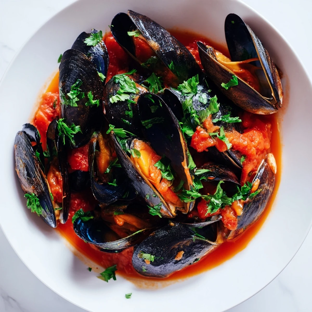 A close-up of tender mussels in a vibrant, smoky red sauce garnished with fresh parsley for a Mediterranean flavor.  