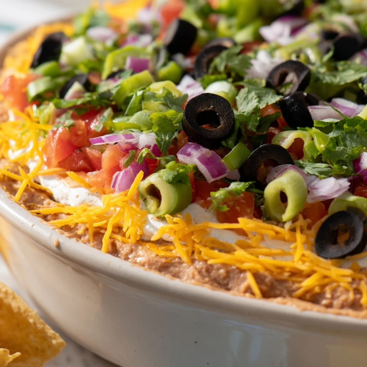 A close-up of the 4-Way Layered Dip, topped with shredded cheddar, olives, and fresh green onions.  