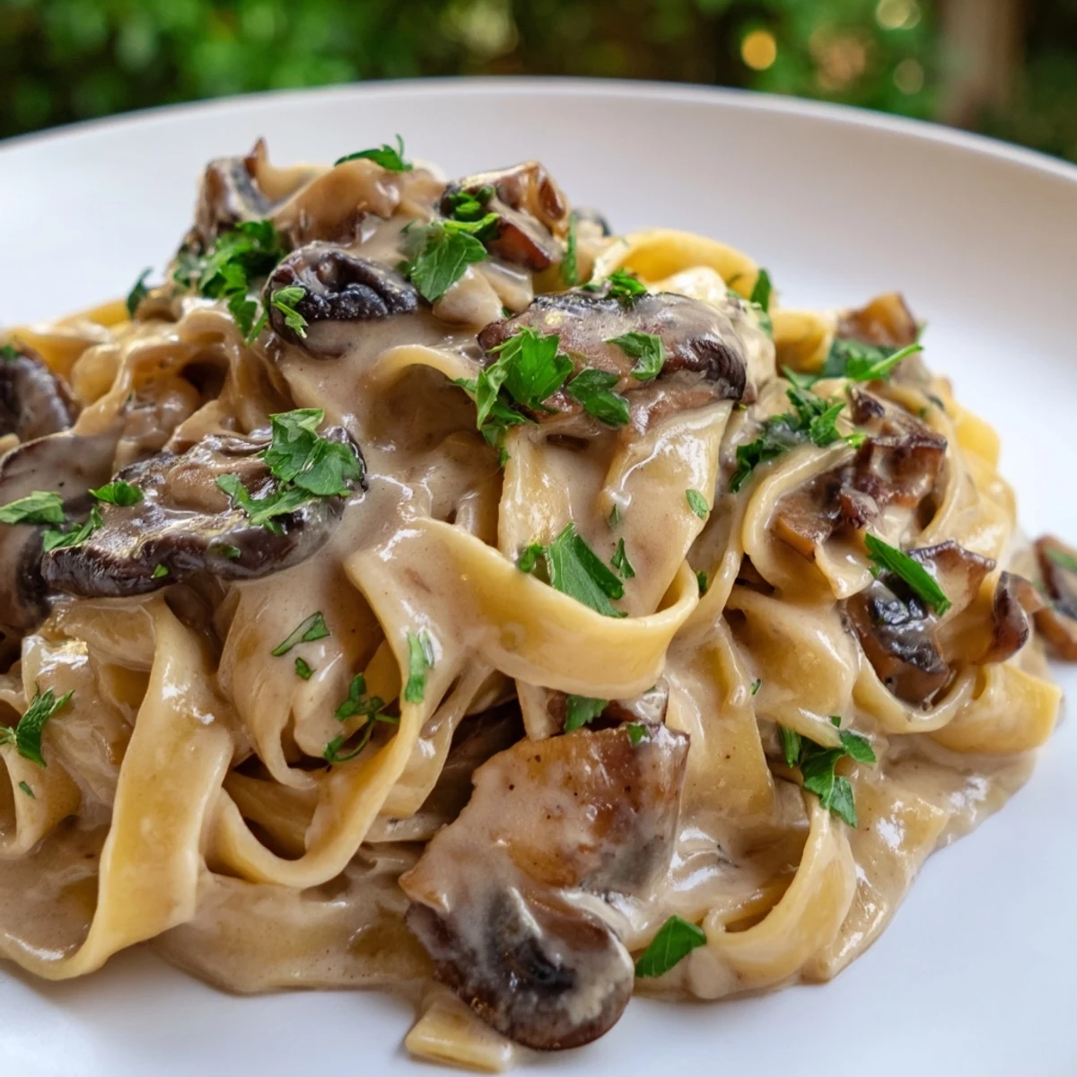 Generous serving of Creamy Mushroom Stroganoff, a vegetarian pasta dish with golden-brown mushrooms, creamy sauce, and chopped parsley, ready for a comforting dinner.