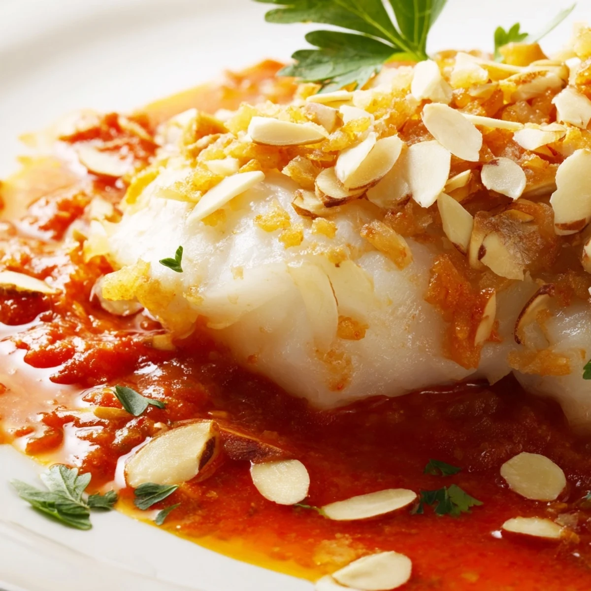 A close-up of Tomato-Roasted Cod fillets flaking easily, coated in a rich tomato sauce and topped with toasted crunchy spiced almonds.