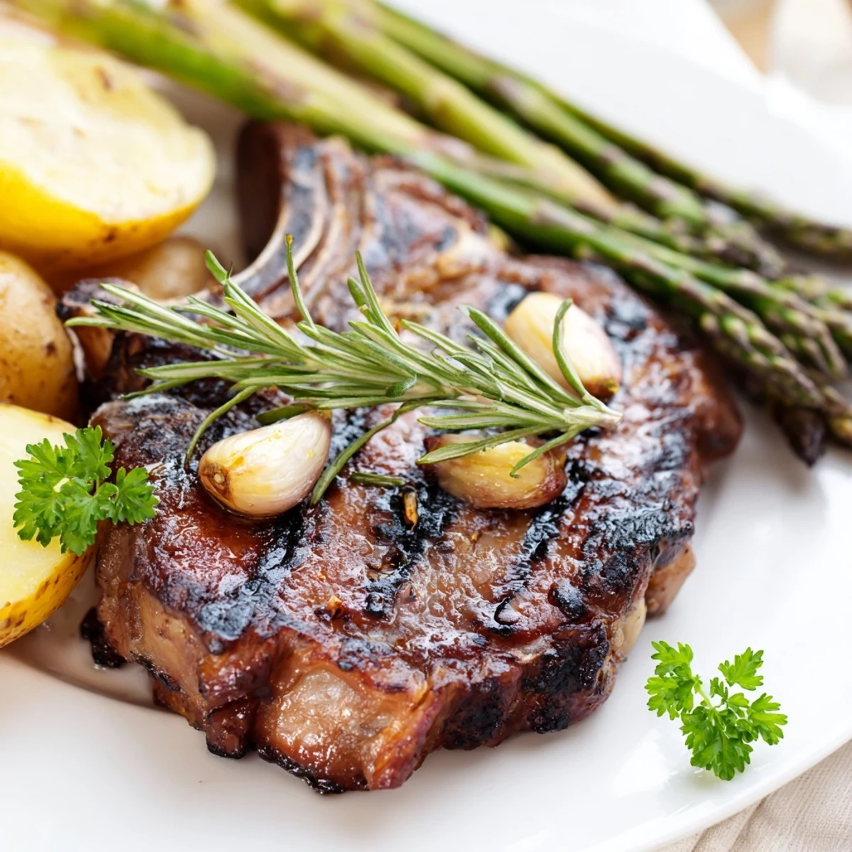 Golden-brown grilled bone-in rib eye steak with buttery parsley potatoes and charred asparagus, garnished with fresh rosemary and lemon wedges.