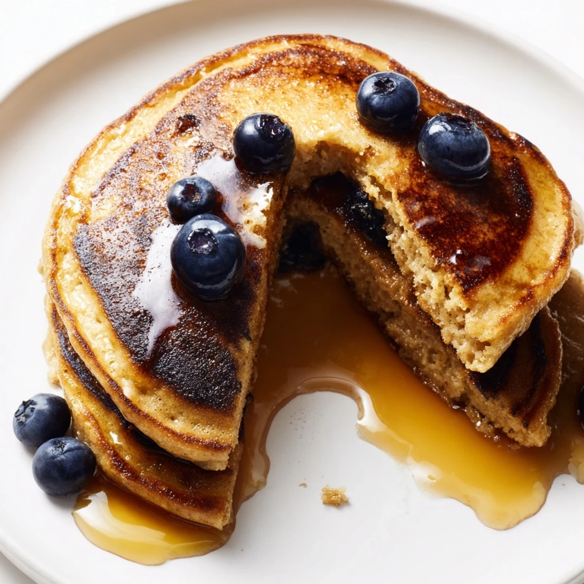 Golden-brown Banana Oat Pancakes stack high on a white plate, topped with sliced bananas and a drizzle of maple syrup.  