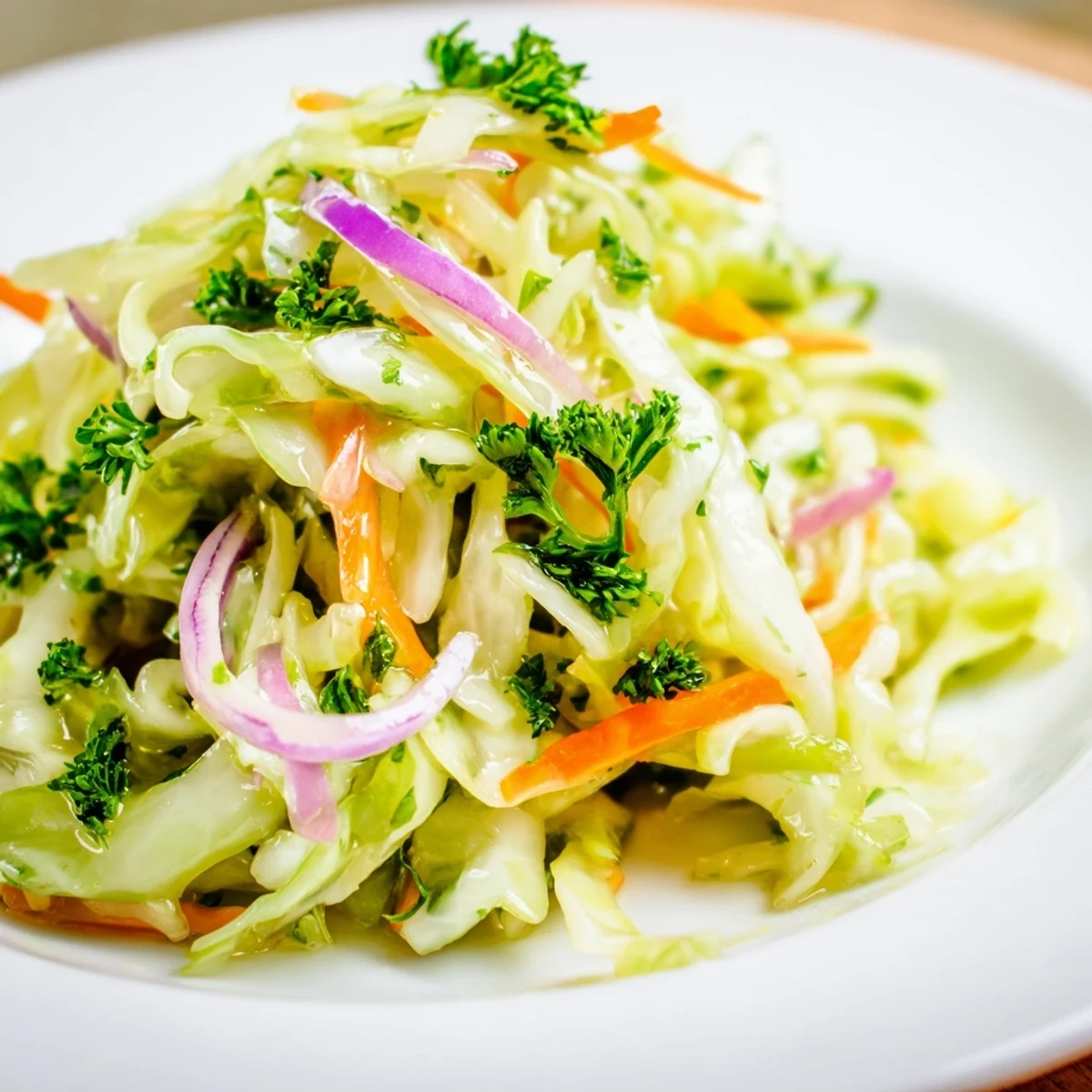 A vibrant plate of Cooked and Loved Cabbage Salad features sautéed cabbage tossed with crisp carrots and red onions, dressed in a tangy apple cider vinaigrette.  