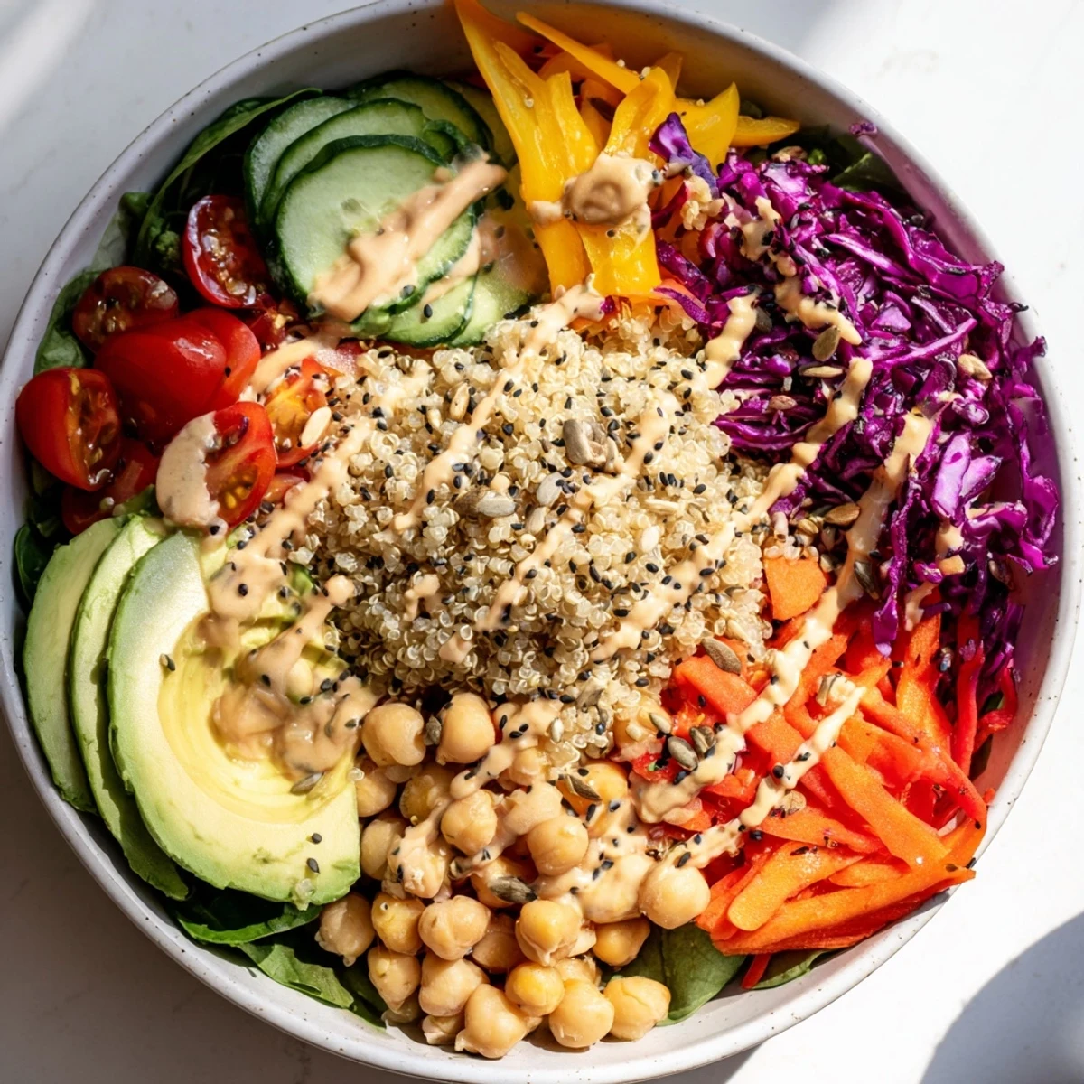 Healthy Rainbow Buddha Bowl With Quinoa includes bright vegetables, toasted seeds, and a creamy lemon-tahini sauce.
