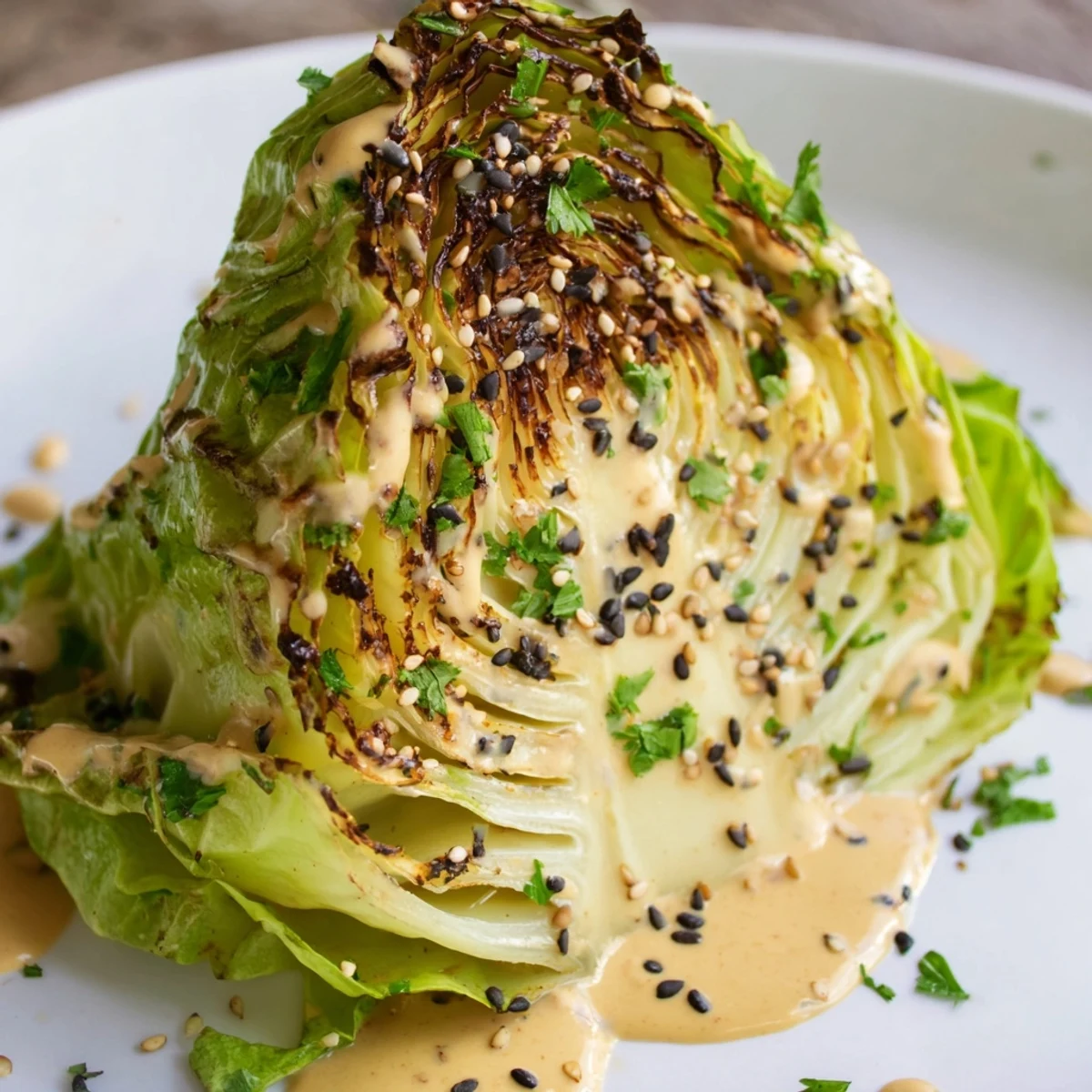 A close-up of tender roasted cabbage wedges drizzled with creamy tahini sauce and sprinkled with sesame seeds.