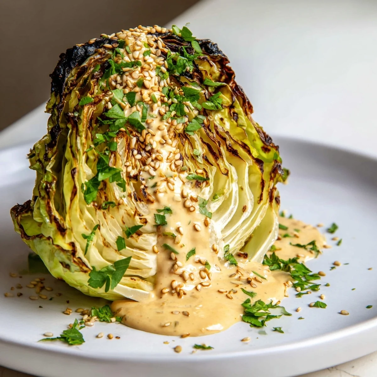 Golden-brown roasted cabbage wedges glistening with olive oil, garnished with fresh herbs and ready to serve on a white platter.
