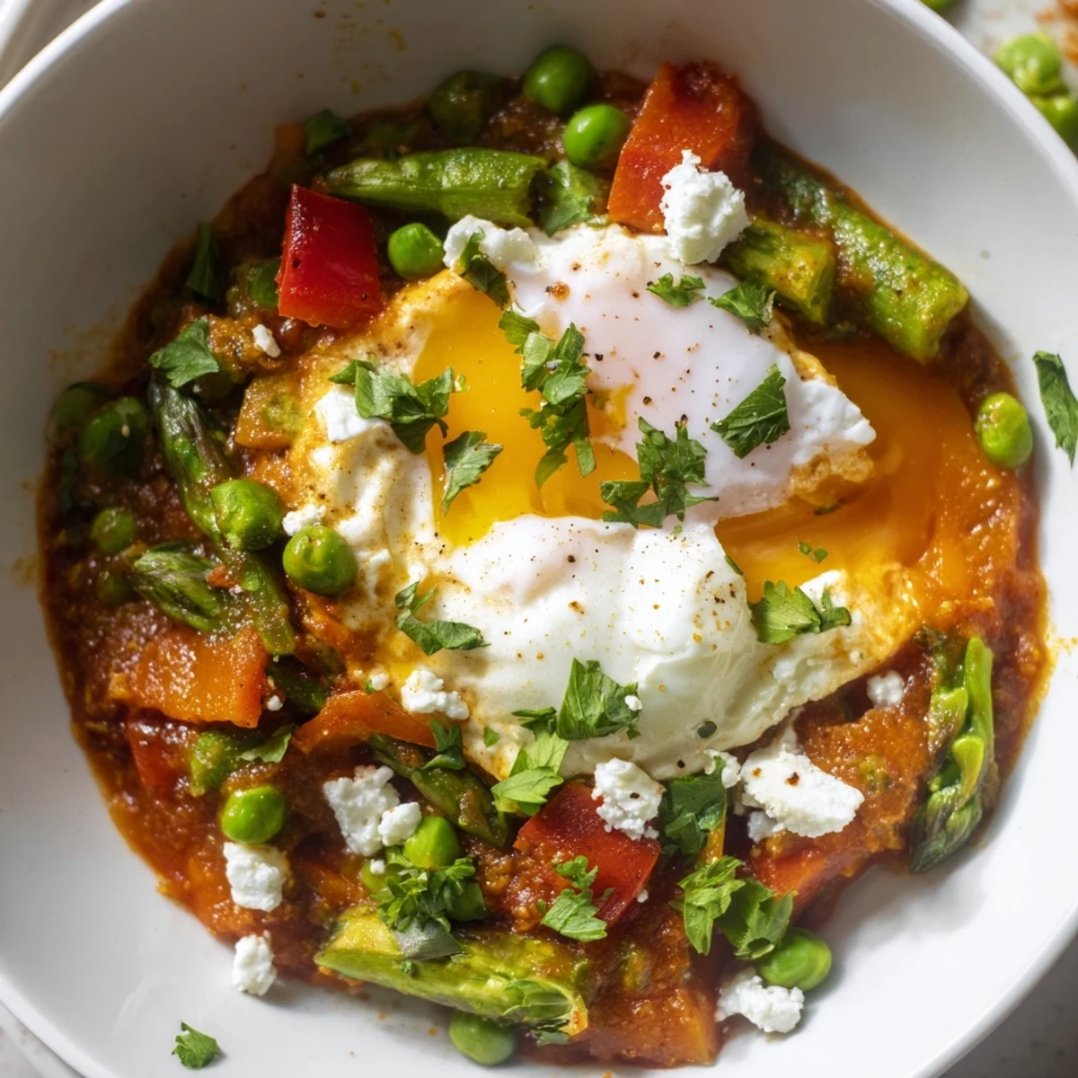 A close-up of Pea and Broad Bean Shakshuka in a skillet, with eggs poached in a vibrant tomato sauce dotted with peas and asparagus.