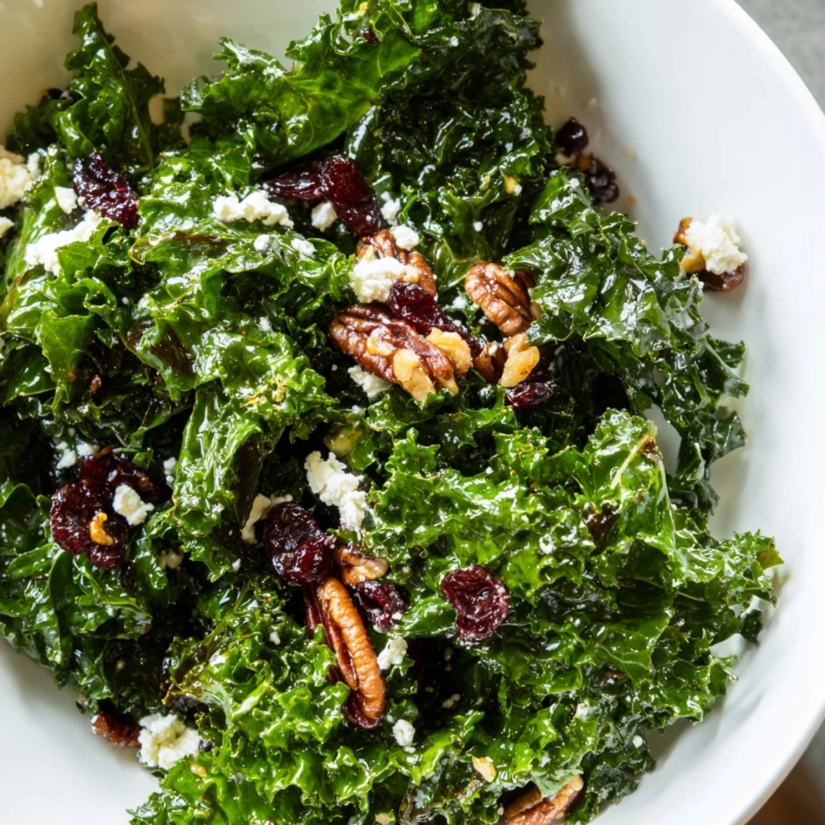 Vibrant massaged kale salad with warm maple-mustard dressing, toasted pecans, dried cranberries, and feta served on a white platter.