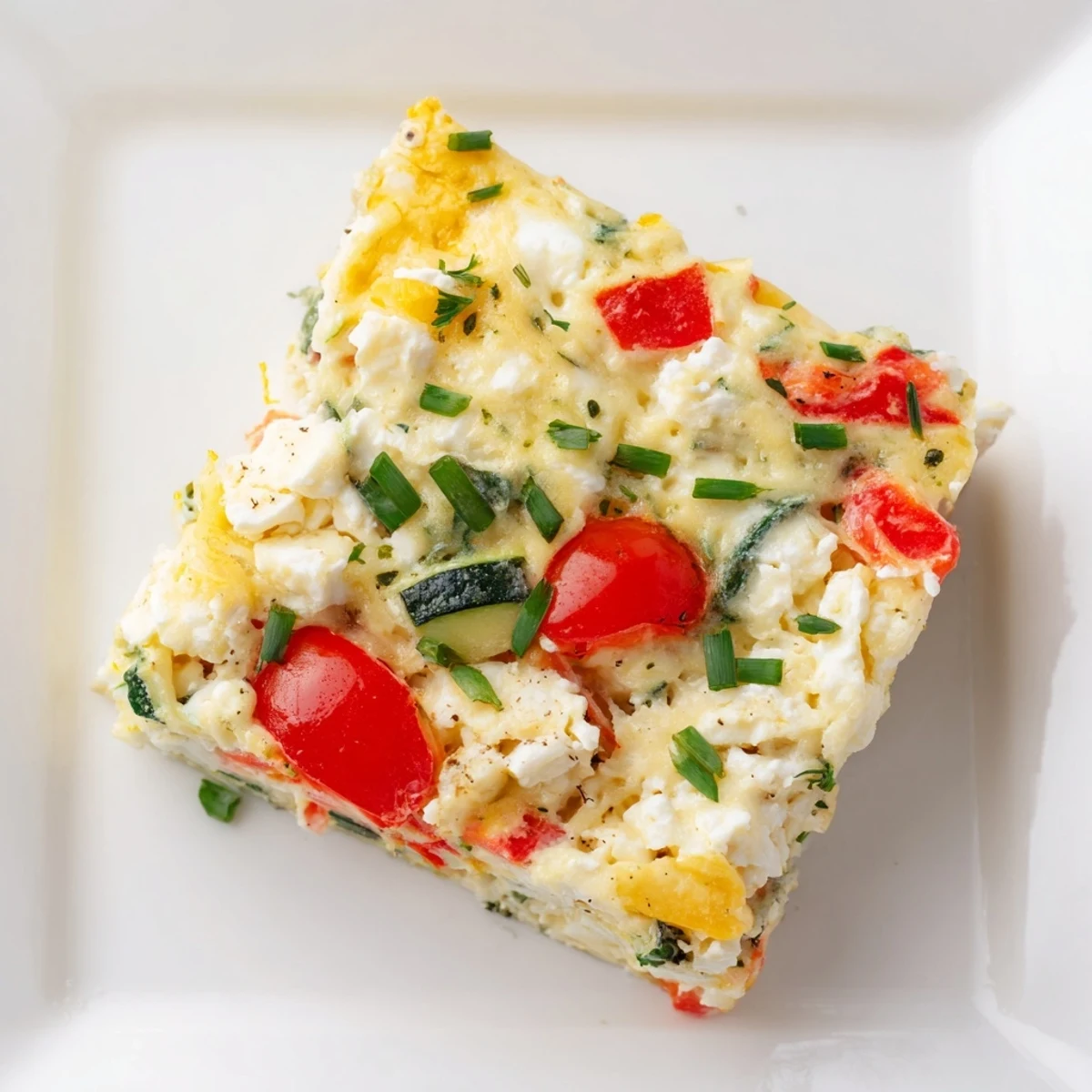Sliced squares of high-protein sheet pan eggs garnished with chives, revealing fluffy texture packed with cottage cheese and veggies.  