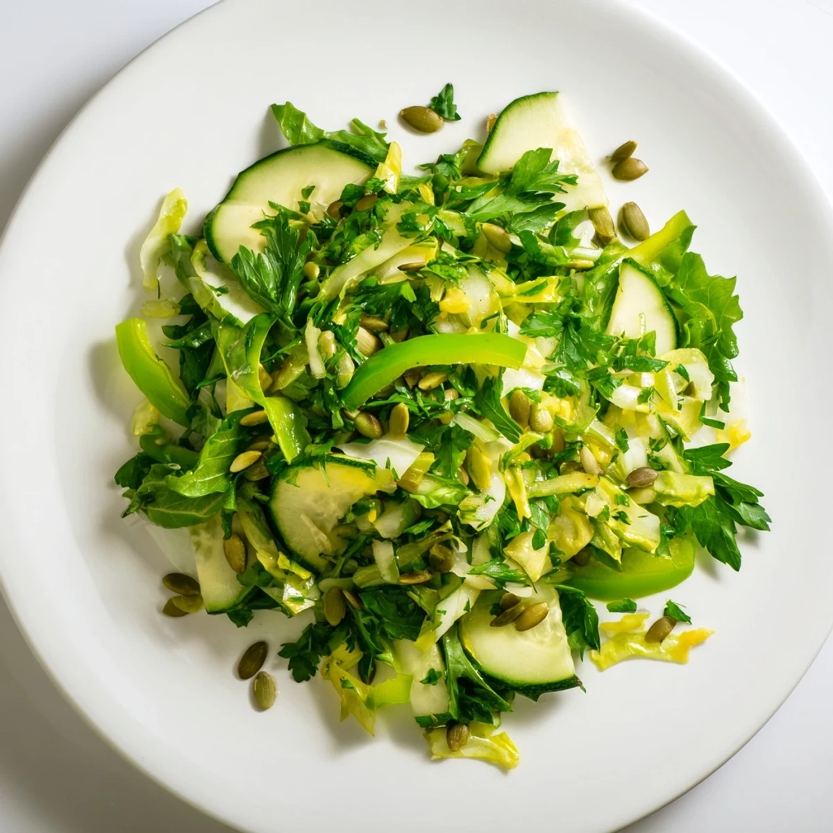 A vibrant Glowing Green Salad in a white bowl, showcasing crisp romaine, spinach, and kale with glistening cucumber and bell pepper slices.
