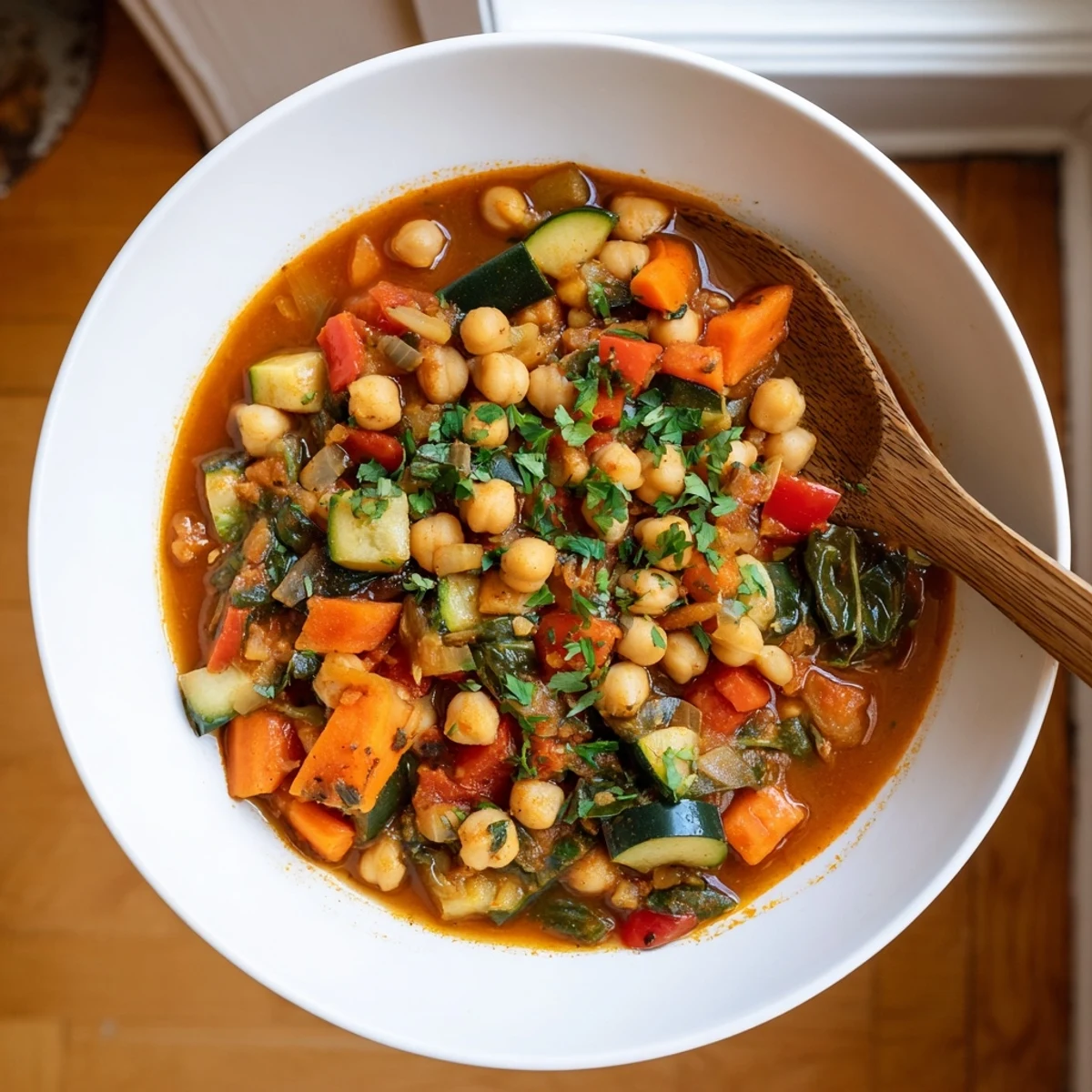 Garnished with fresh parsley and a lemon wedge, this hearty Spicy Chickpea Stew is served in a rustic ceramic bowl, ready to enjoy.