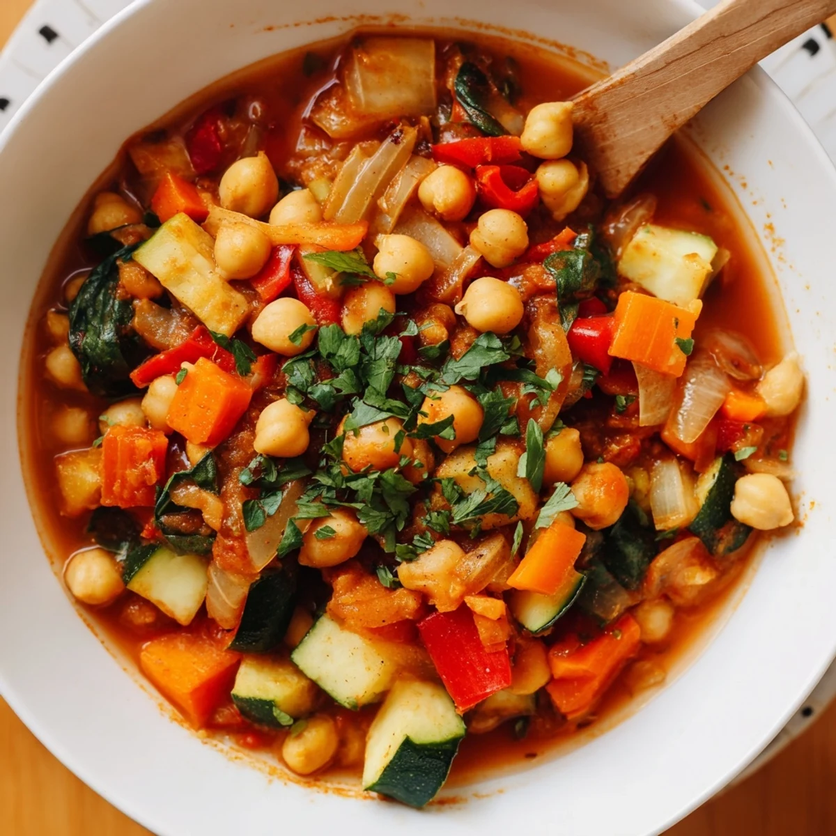Spicy Chickpea Stew simmers in a Dutch oven, featuring vibrant diced carrots, red bell pepper, and zucchini in a golden, spiced broth.