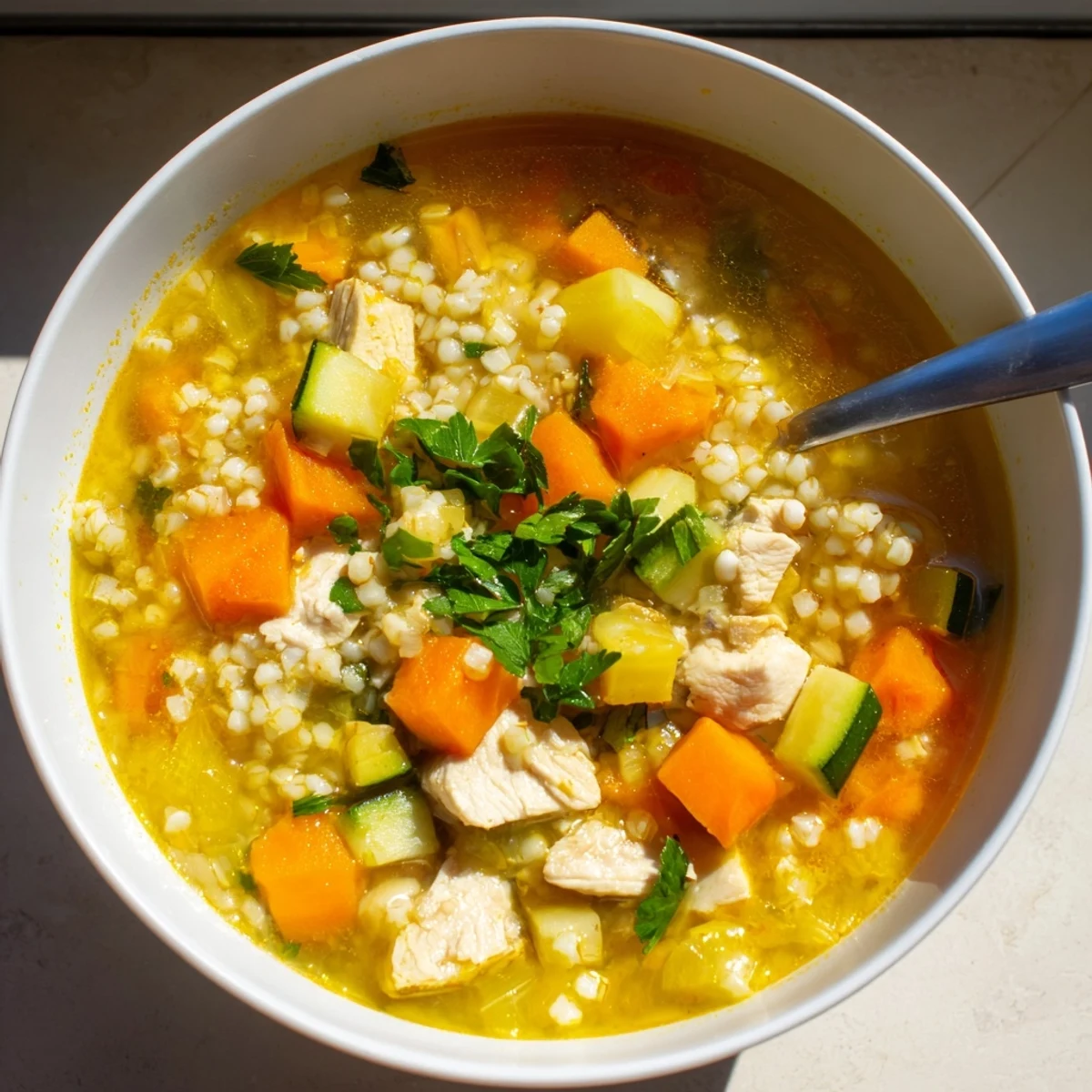 Soothing Turmeric Chicken With Pearl Barley simmering on the stove, featuring tender chicken, carrots, celery, and aromatic spices.