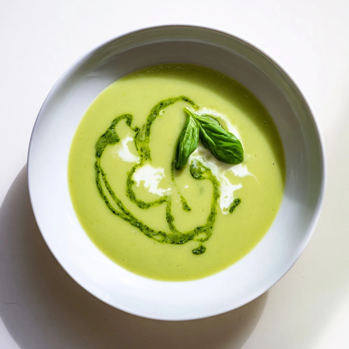Creamy green Courgette, Pea and Pesto Soup served hot, perfect for a light spring lunch.