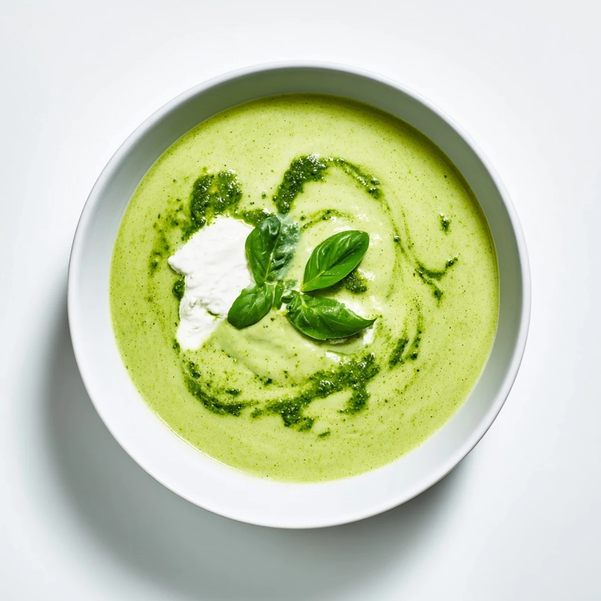 Close-up of a ladle pouring Courgette, Pea and Pesto Soup into a rustic bowl, steam rising.