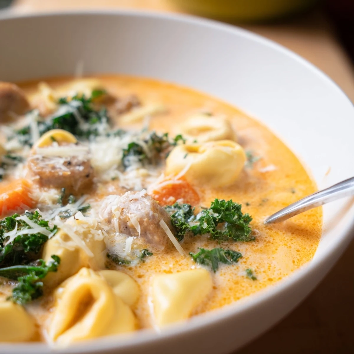 A close-up of golden pumpkin tortellini soup, featuring chicken sausage rounds and wilted kale.  
