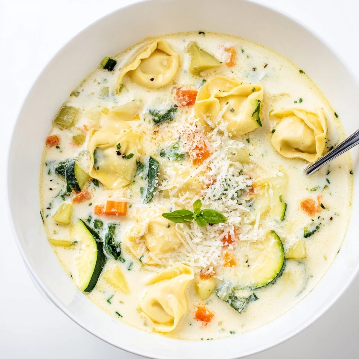 Creamy vegetable tortellini soup steams in a rustic bowl, with tender pasta and vibrant veggies swimming in rich broth.