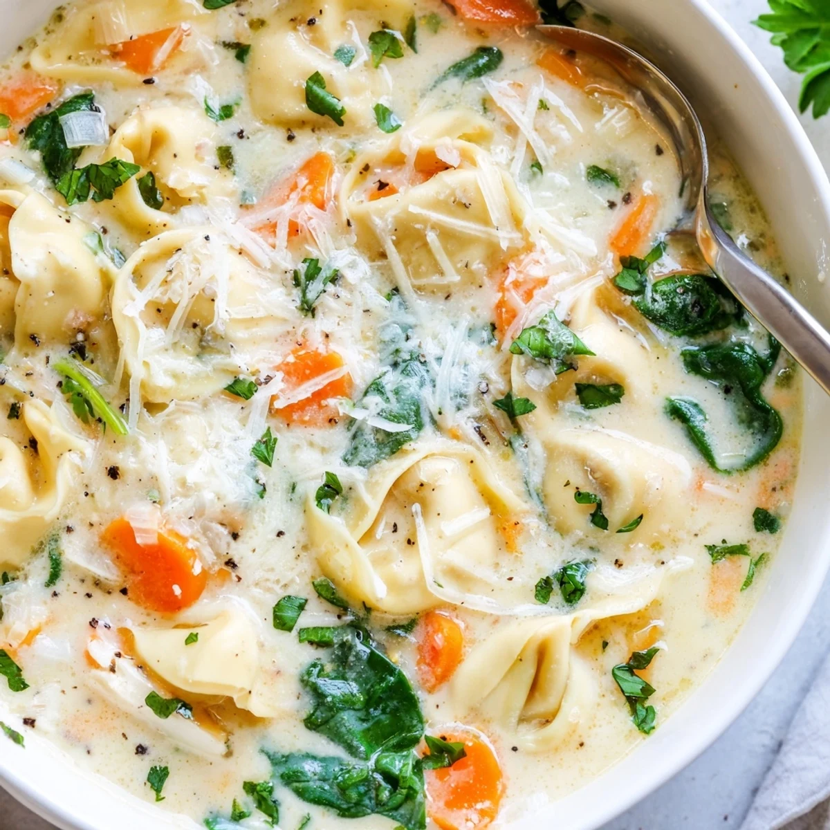 Steaming bowls of creamy Easy Tortellini Soup With Chicken Broth feature tender cheese tortellini, fresh spinach, and carrots.  