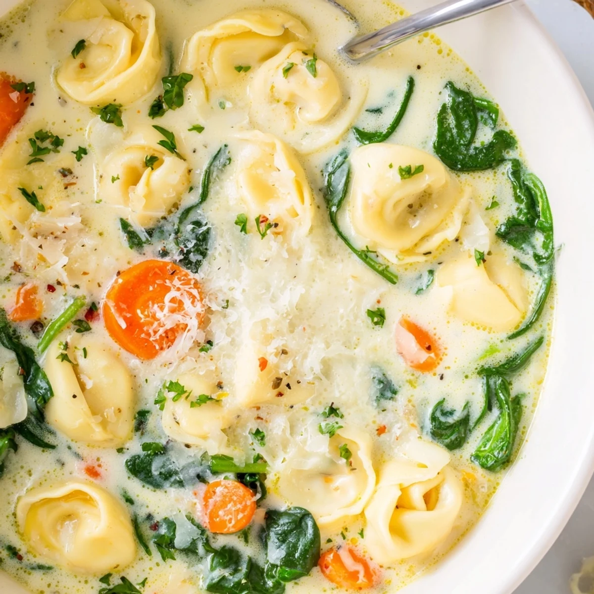 Comforting winter dinner of Easy Tortellini Soup With Chicken Broth, serving four with crusty bread alongside.