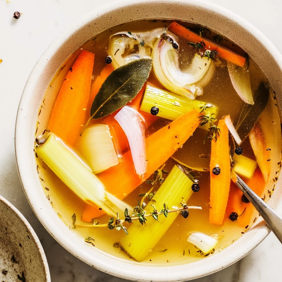A clear, nutrient-rich Vegetable Broth From Scraps being poured into a glass jar beside fresh herb garnish.  