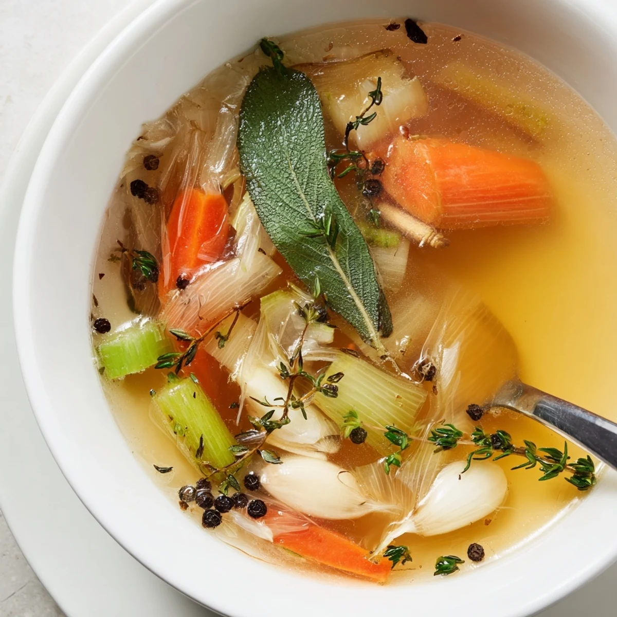 Straining homemade Vegetable Broth From Scraps through a fine sieve, capturing the deep aroma of aromatics like bay leaf and peppercorns.