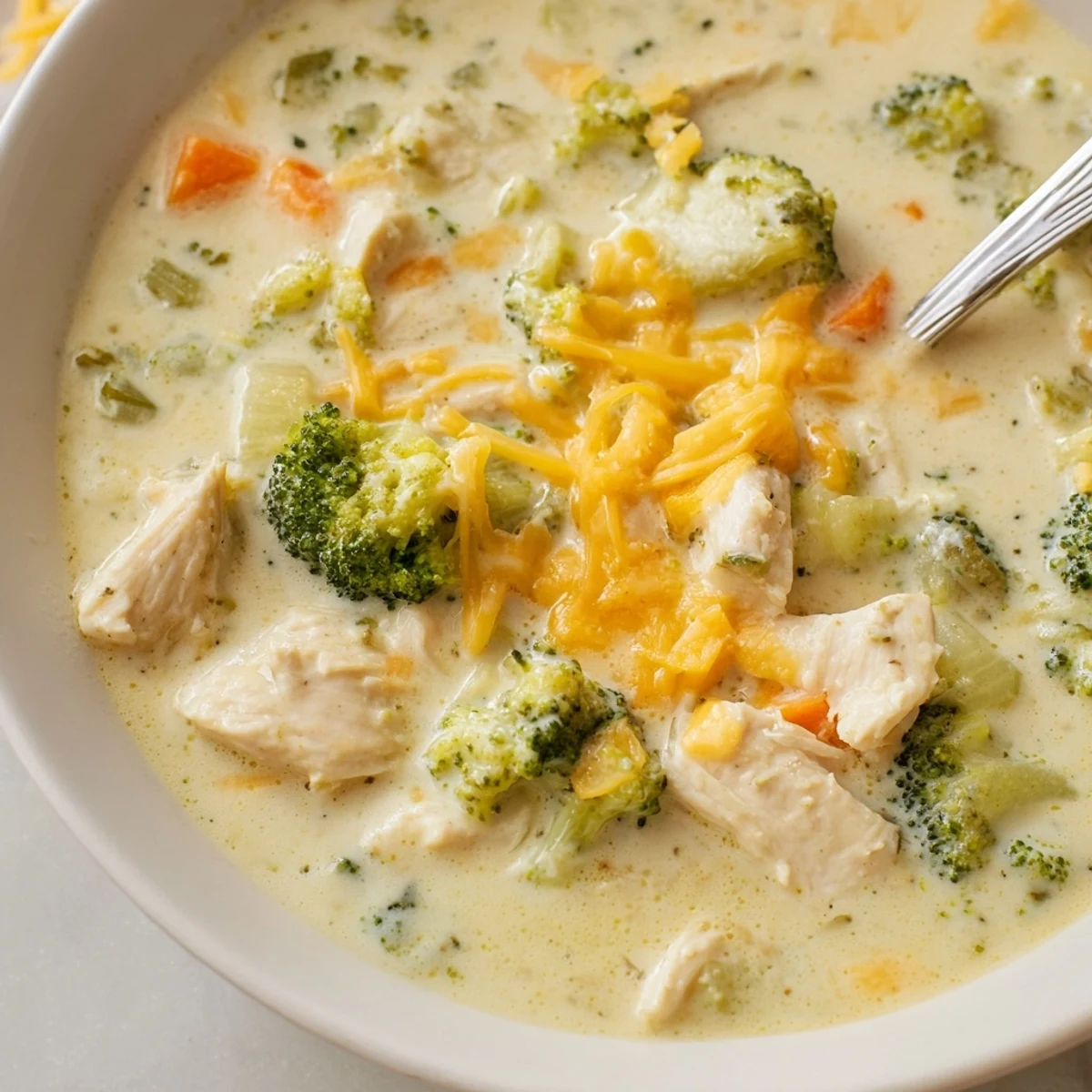 Homemade Best Chicken Broccoli Cheddar Soup served in a Dutch oven beside crusty bread and a spoon.