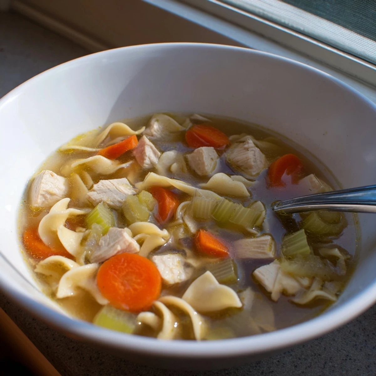 Steaming bowl of homemade chicken noodle soup with tender chicken, carrots, celery, and egg noodles in rich broth.