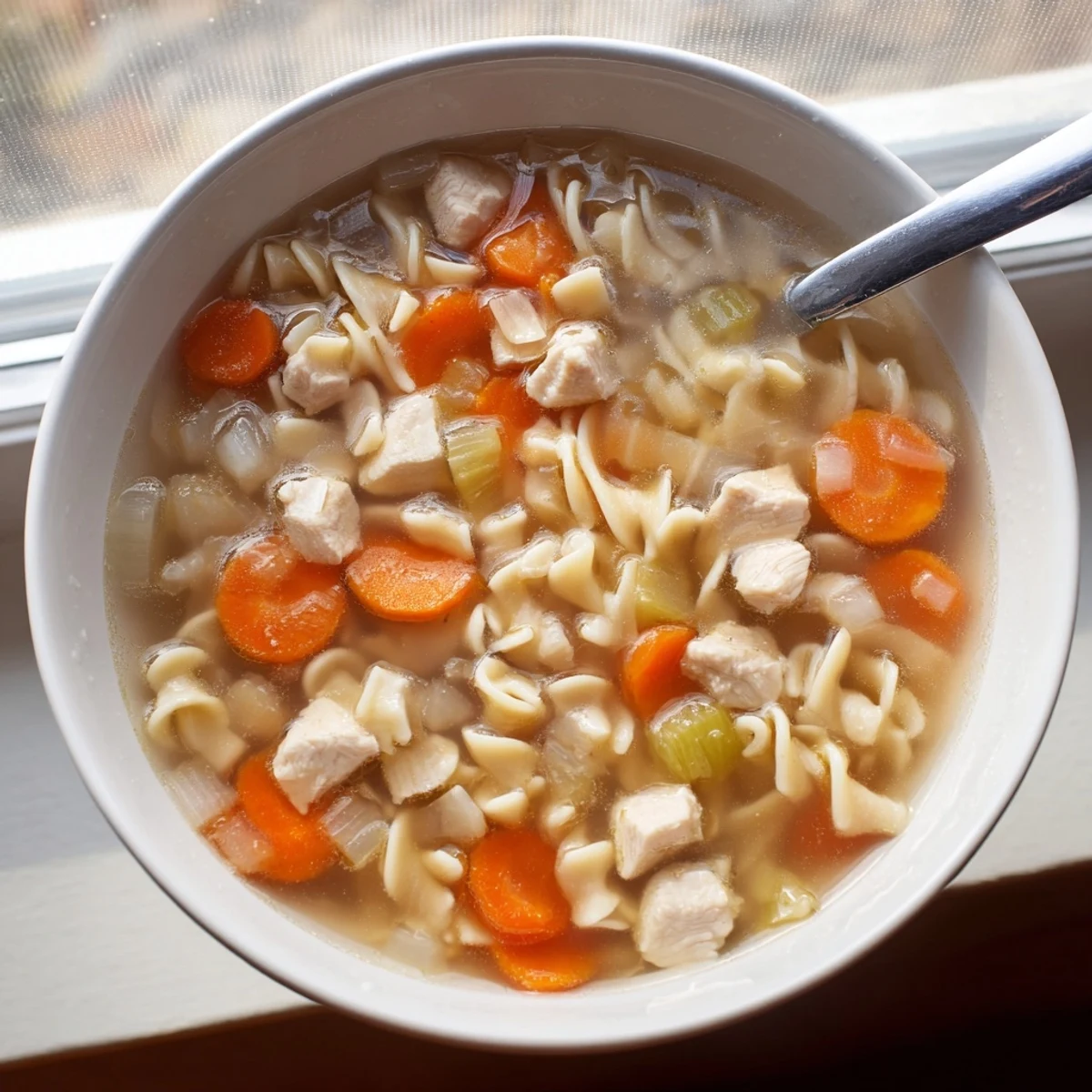 Homemade chicken noodle soup with colorful vegetables and egg noodles, ready to warm a chilly evening meal.