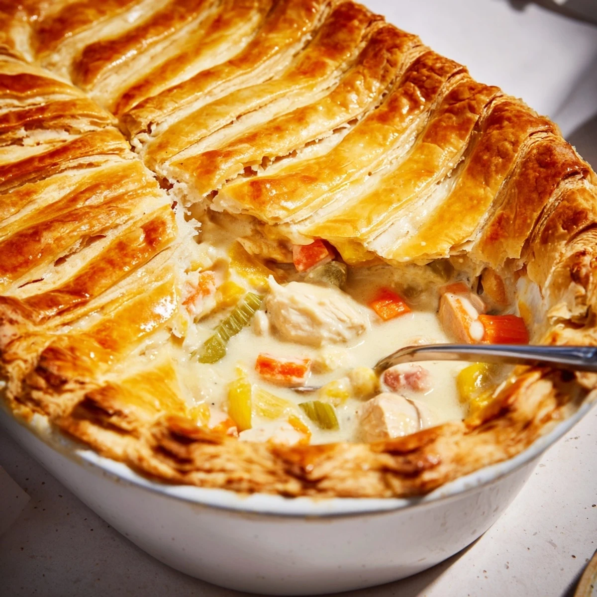 A golden, flaky puff pastry lid on a steaming Chicken and Leek Pie, revealing creamy chicken and leeks inside.
